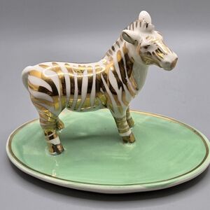Anthropologie Ring Trinket Dish Zebra w/Gold & White Stripes 5.25" X 3.5" X 3.5"